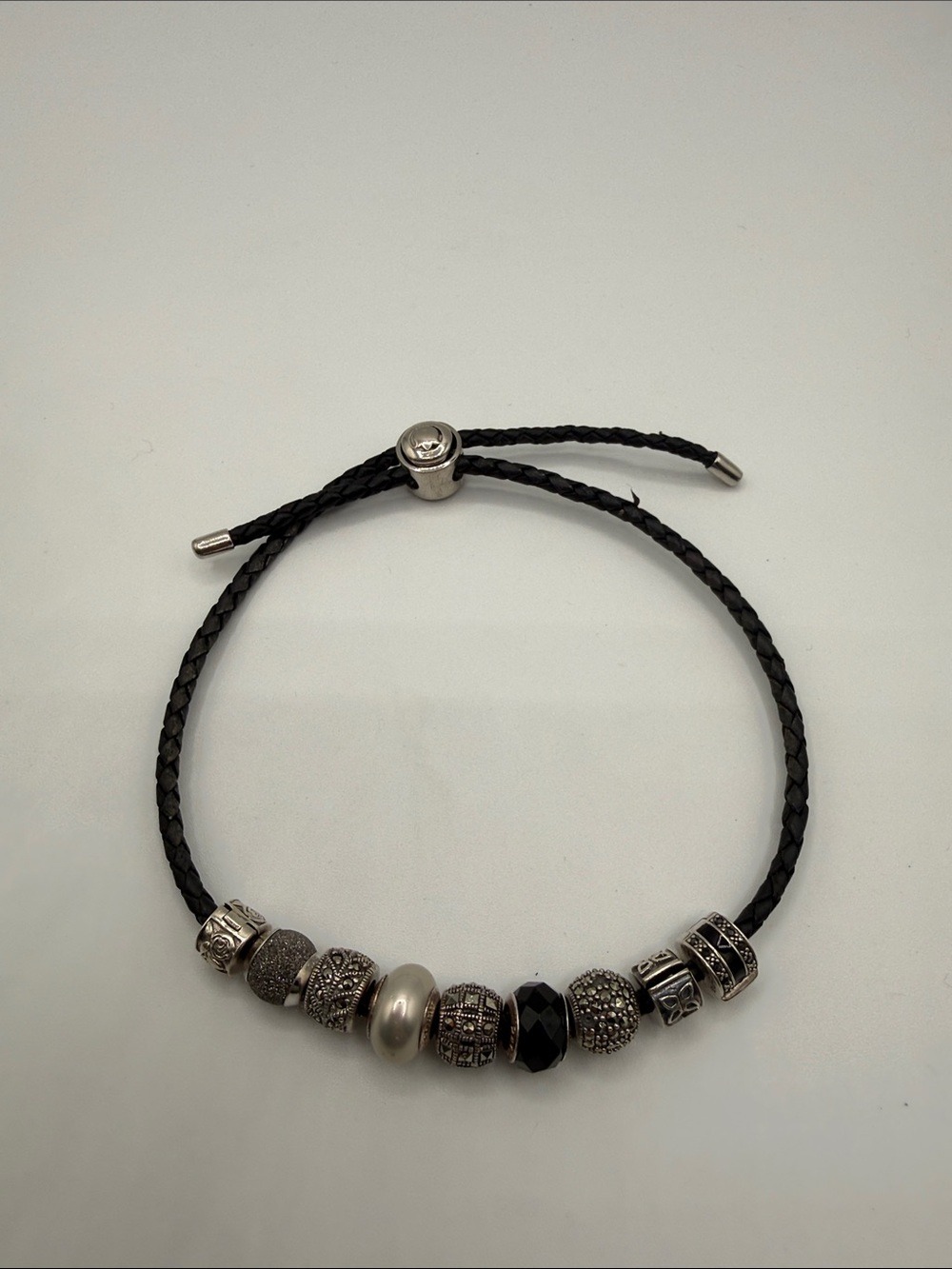 Persona Black Braided Leather Bracelet with Silver and Black Beads silver .925